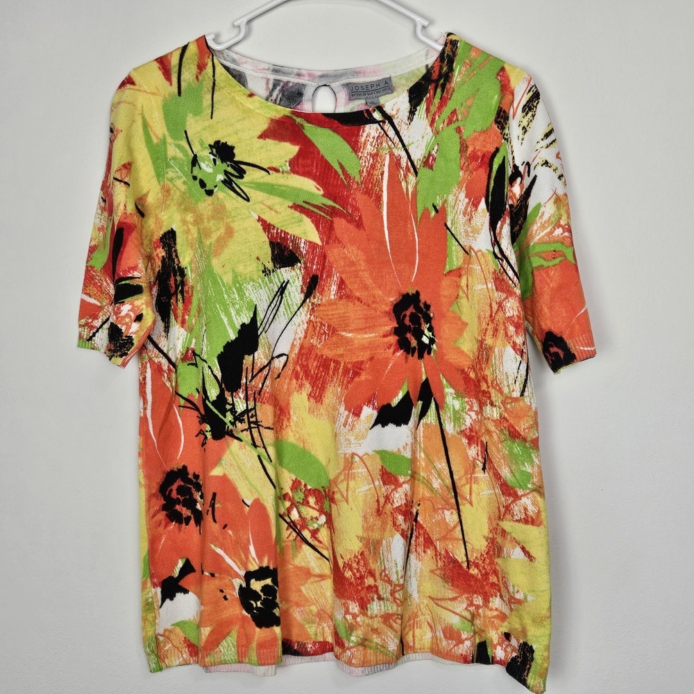 Joseph A Womens Size M‎ Knit Top Short Sleeve Colorful Vibrant Watercolor Floral